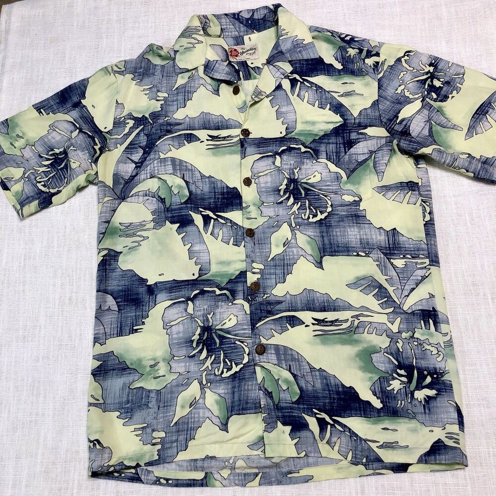 VTG Hilo Hattie Hawaiian Shirt Mens S Blue Green Floral Palm Leaf Print Tropical